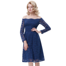 Belle Poque Sexy Women's Retro Long Sleeve Floral Navy Blue Lace A-Line Swing Vintage Dress BP000285-2